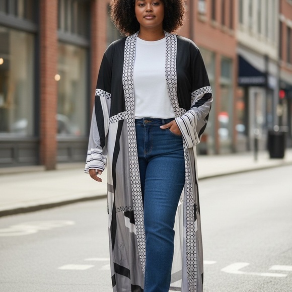Jackets & Blazers - Elegant Black and White Women's silky coat Wrap